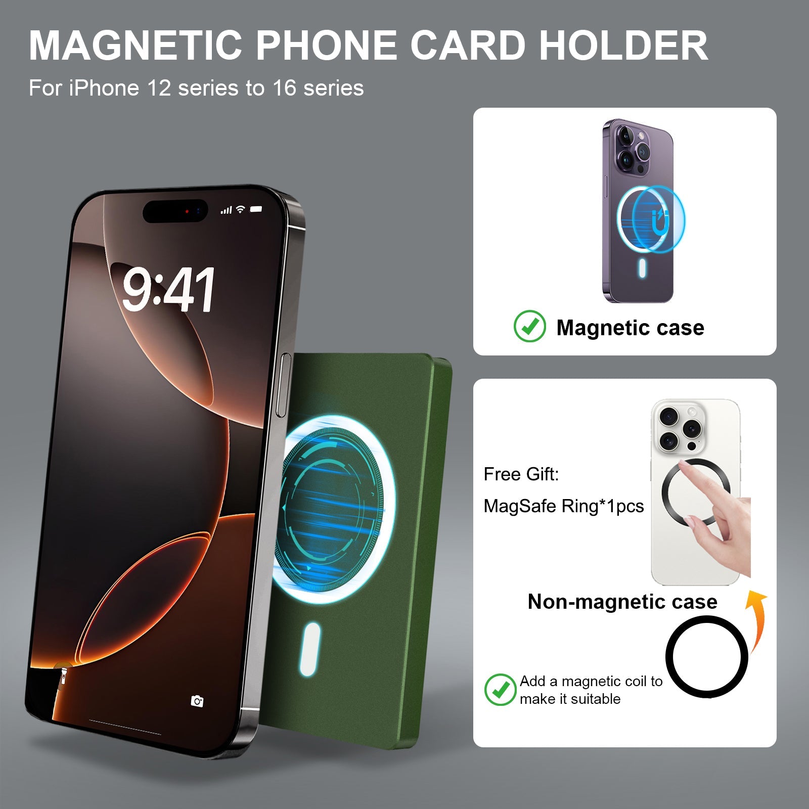 RFID Blocking Wallet Minimalist Slim Card Holder for Magsafe with Adjustable Stand,